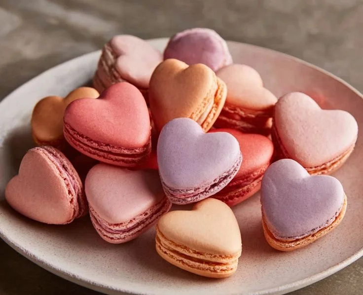Heart-shaped Valentine macarons in assorted colors for a romantic gift.