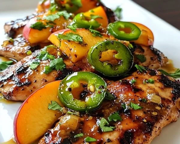 Jalapeño peach chicken dish garnished with fresh herbs
