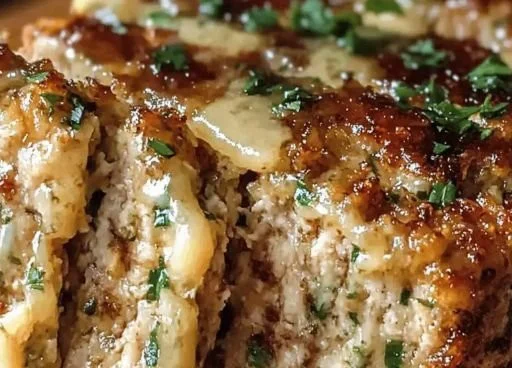 Juicy garlic parmesan chicken meatloaf served with herbs and spices.