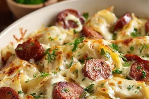 Delicious Kielbasa Pierogi Bake dish served hot with garnish.