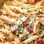 Creamy Marry Me Chicken Pasta garnished with fresh herbs in a bowl.