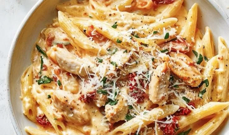 Creamy Marry Me Chicken Pasta garnished with fresh herbs in a bowl.