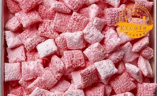 No-Bake Strawberry Shortcake Puppy Chow served in a bowl