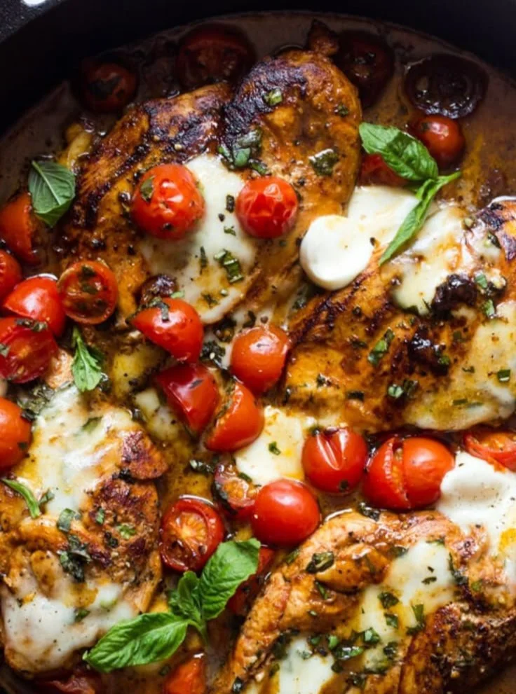 One-pan juicy chicken topped with balsamic sauce served on a plate