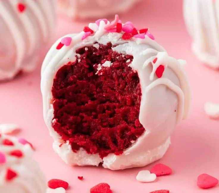 Delicious Red Velvet Truffles topped with white chocolate and sprinkles