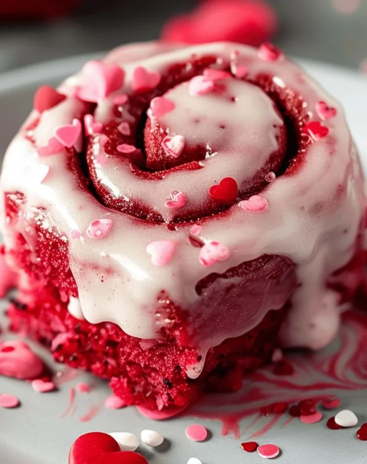 Red Velvet Valentine's Day Cinnamon Rolls decorated with cream cheese frosting