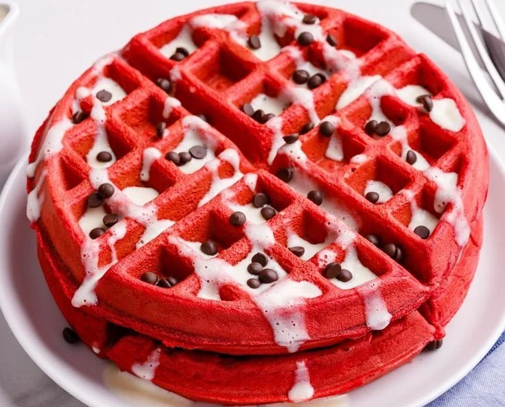 Delicious red velvet waffles topped with cream cheese frosting and fresh berries