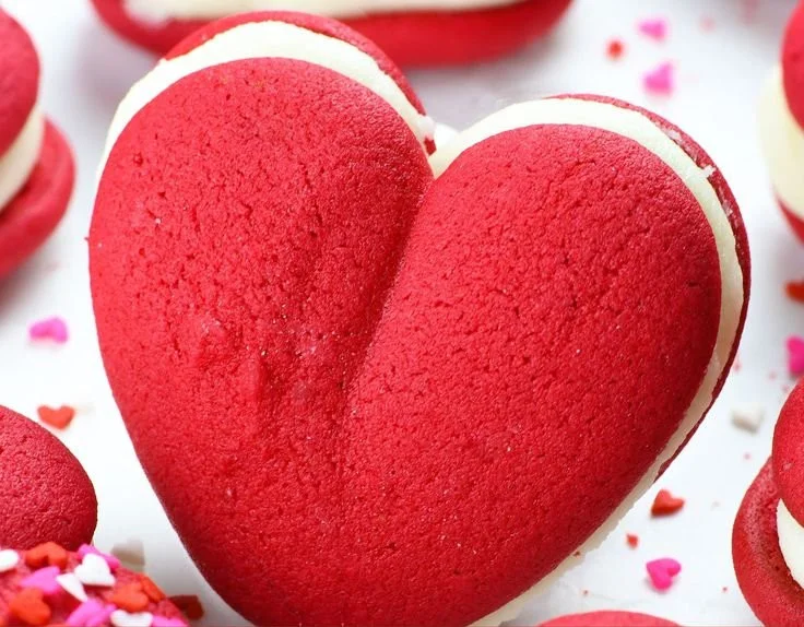Red velvet whoopie pies with white cream filling on a rustic wooden background.