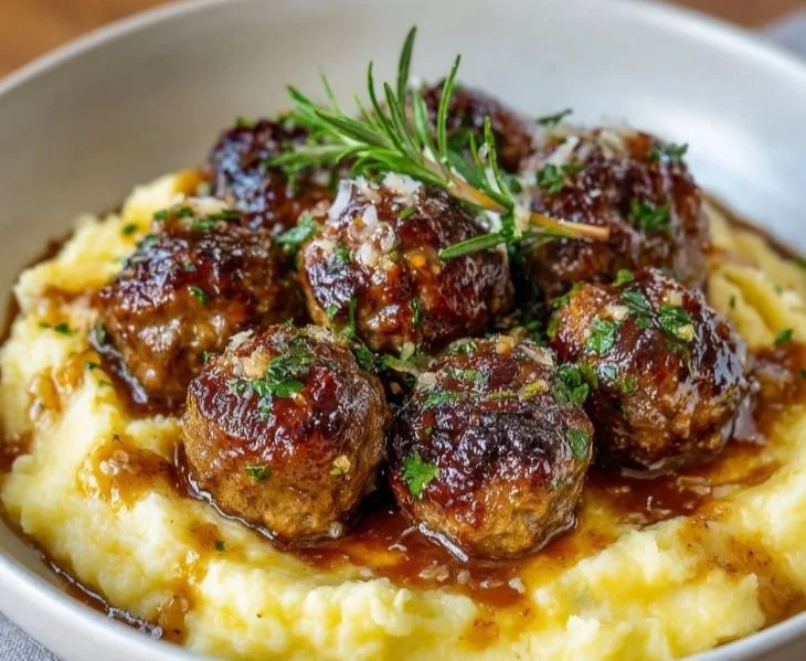 Delicious Salisbury steak meatballs served with garlic herb mashed potatoes