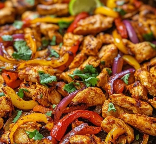 Delicious sheet pan chicken fajitas with colorful peppers and onions.