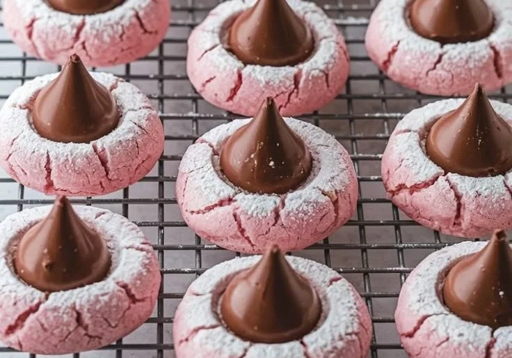Freshly baked strawberry kiss cookies with a strawberry center