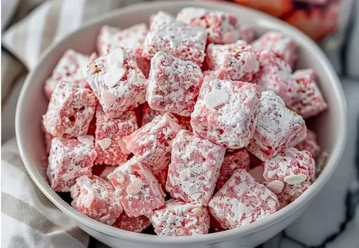 Delicious bowl of Strawberry Shortcake Puppy Chow with strawberries and cereal