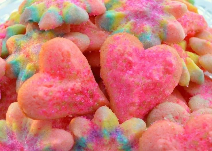 Deliciously decorated Valentine's Day cookies in heart shapes and festive colors