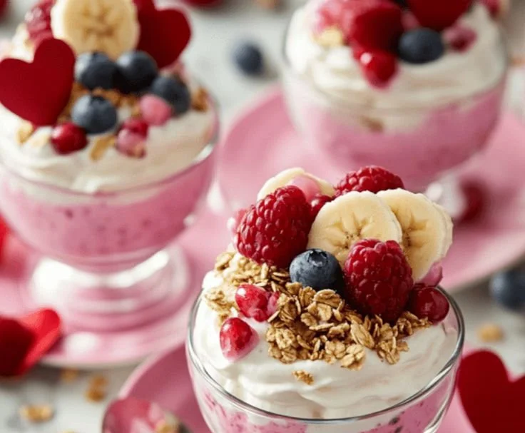 Valentine’s Day Fruit and Yogurt Parfaits topped with fresh berries and granola