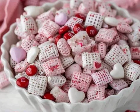 Valentine's Day themed Muddy Buddies snack mix recipe