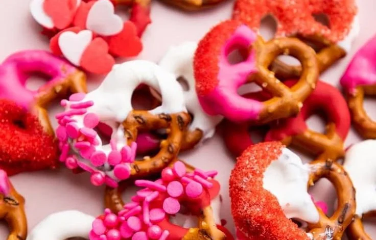 Heart-shaped Valentine's Day Pretzels with pink icing and sprinkles
