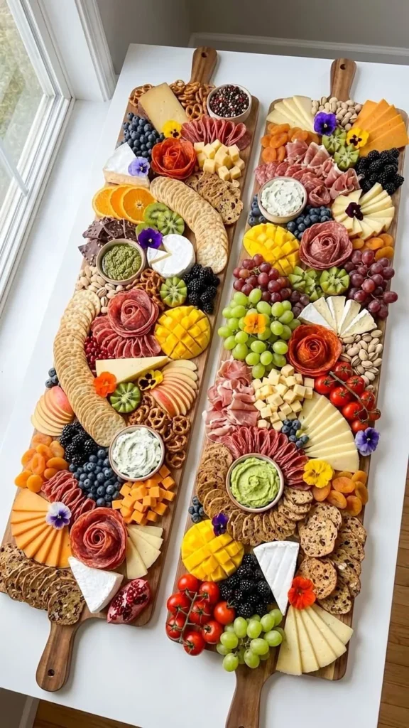 Assorted charcuterie board meats with cheese and fruits