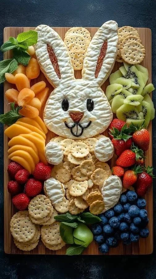 A colorful assortment of delicious Easter snacks including egg-shaped treats and bunny-shaped cookies.