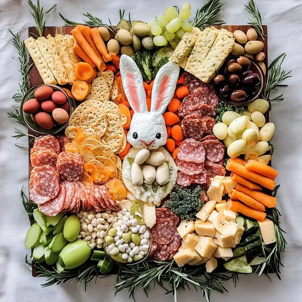 Easter Bunny charcuterie board filled with festive treats and decorations