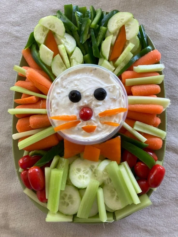 Colorful Easter Bunny veggie tray with fresh vegetables for a festive celebration.
